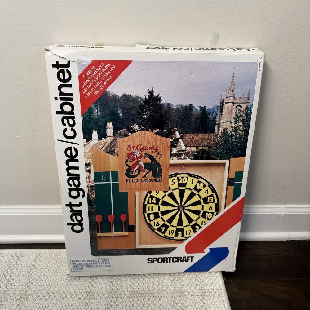 Vintage Sportcraft The King Of Arms Wooden Dart Board Cabinet Reversible Games